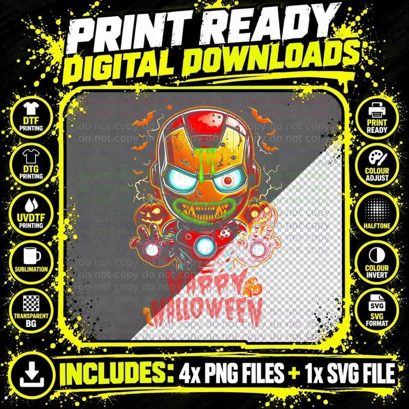 Happy Halloween Orange Red Horror Skull Robot T-Shirt Png SVG Digital Bundle