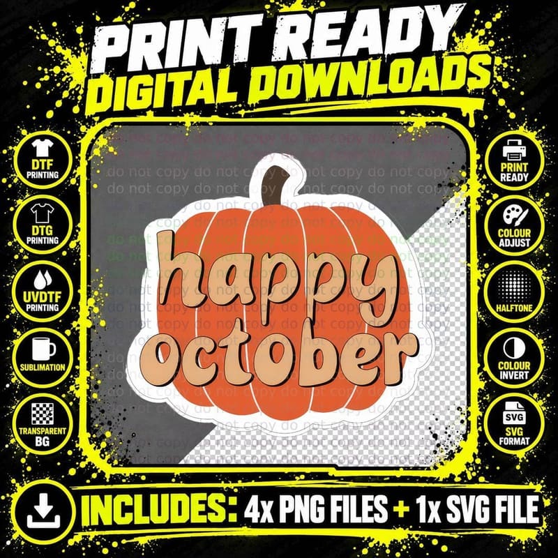 Happy October Fall T-Shirt, Pumpkin Shape Orange Autumn Png SVG Digital Bundle