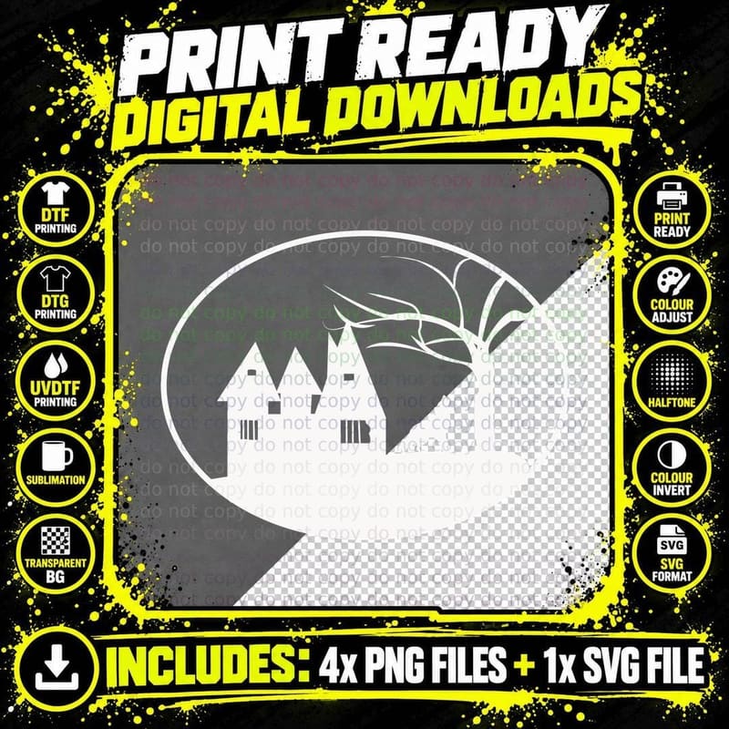 Haunted Castle with Wolf T-Shirt, Trendy Graphic Tee Png SVG Digital Bundle
