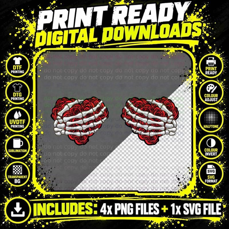 Heart Roses Skeleton Valentines T-Shirt Png SVG Digital Bundle
