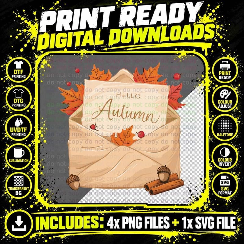 Hello Autumn Fall T-Shirt, Envelope with Leaves Acorns Png SVG Digital Bundle