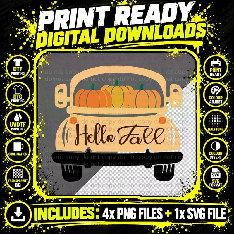 Hello Fall T-Shirt, Harvest Basket Greeting Text Autumn Png SVG Digital Bundle