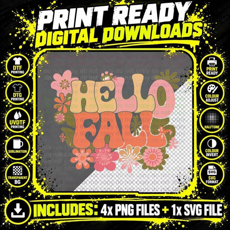 Hello Fall T-Shirt, Leaf Wreath Pumpkin Design Autumn Png SVG Digital Bundle