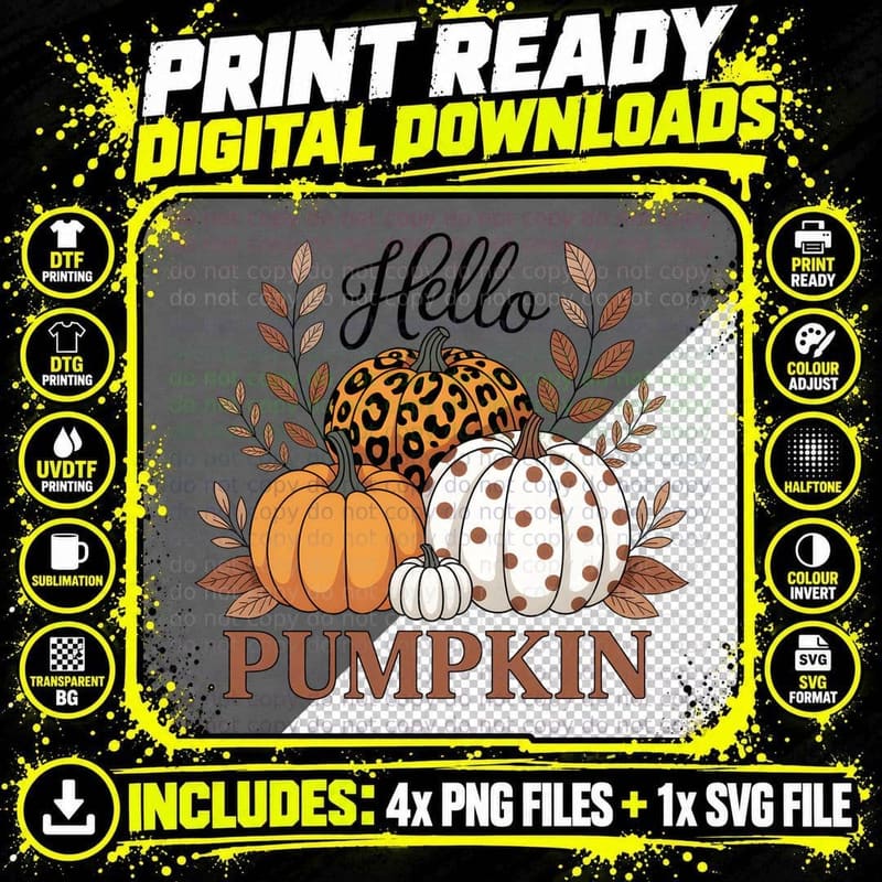 Hello Fall T-Shirt, Plaid Pumpkin Cinnamon Spices Autumn Png SVG Digital Bundle