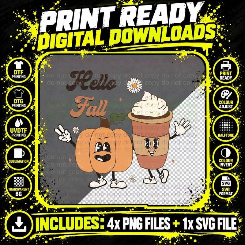 Hello Fall T-Shirt, Pumpkin Coffee Cartoon Characters Png SVG Digital Bundle