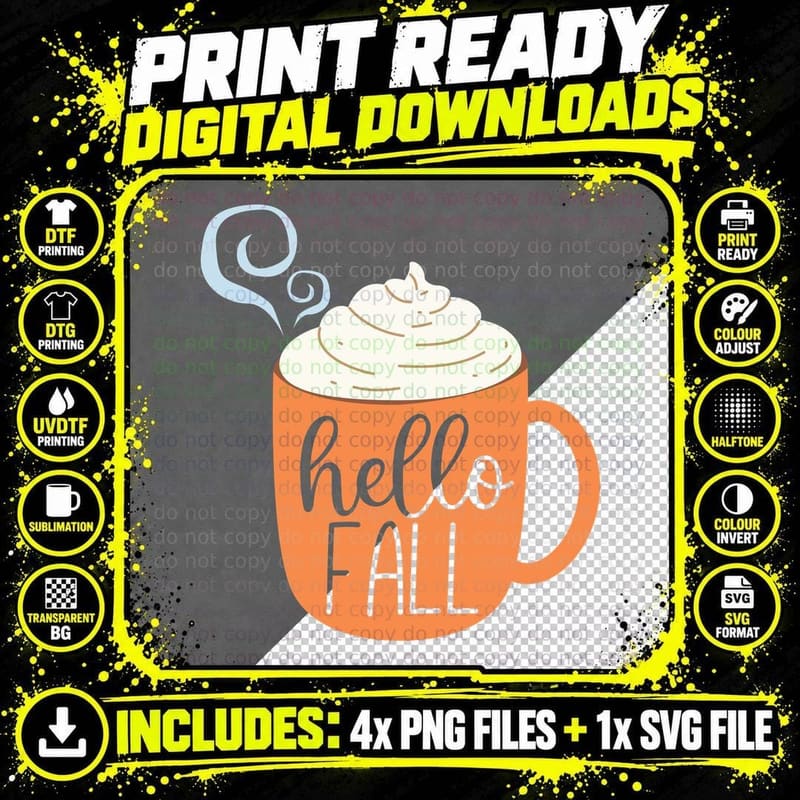 Hello Fall T-Shirt, Pumpkin Mug Steam Swirls Autumn Tee Png SVG Digital Bundle