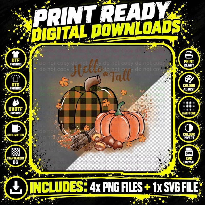 Hello Fall T-Shirt, Pumpkin Plaid Autumn Setting Autumn Png SVG Digital Bundle