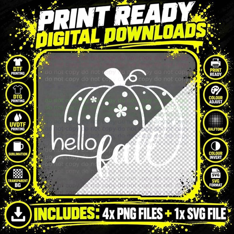 Hello Fall T-Shirt, Pumpkin with Decorative Flowers Png SVG Digital Bundle