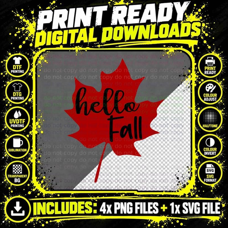 Hello Fall T-Shirt, Red Maple Leaf Greeting Autumn Tee Png SVG Digital Bundle