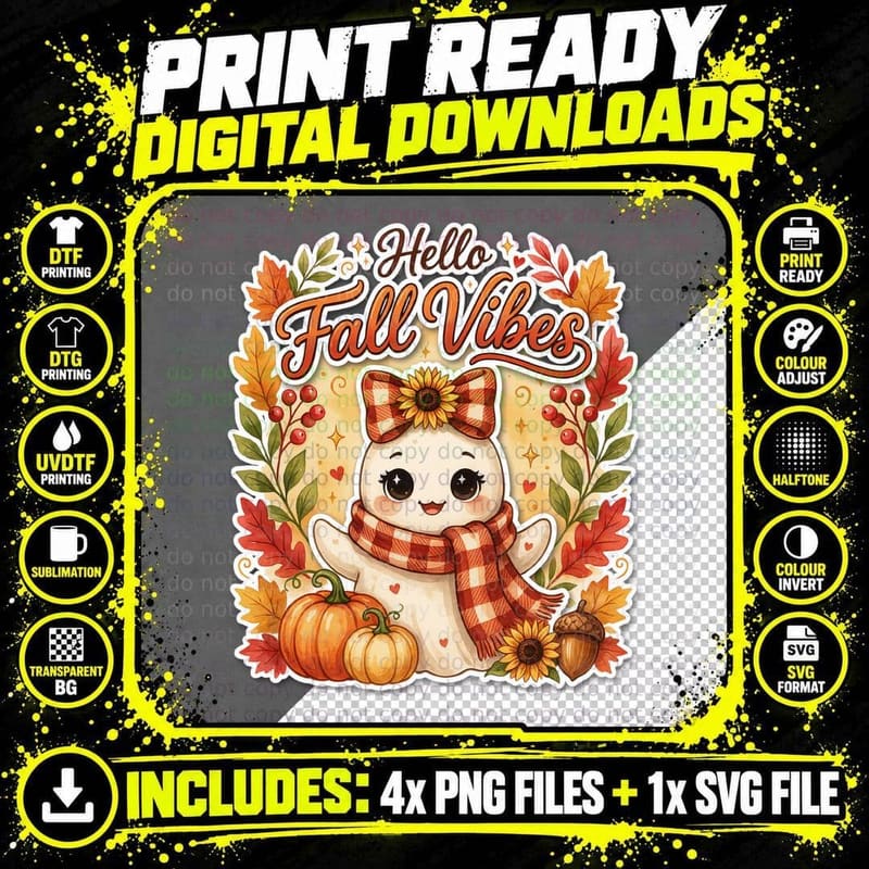Hello Fall Vibes Fall T-Shirt, Cute Ghost Pumpkins Plaid Png SVG Digital Bundle