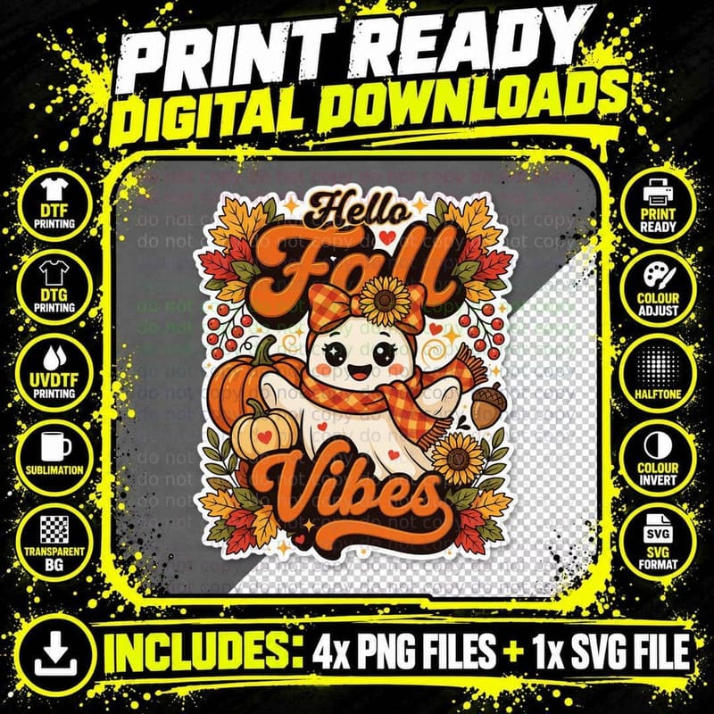 Hello Fall Vibes Fall T-Shirt, Ghost with Pumpkins Plaid Png SVG Digital Bundle