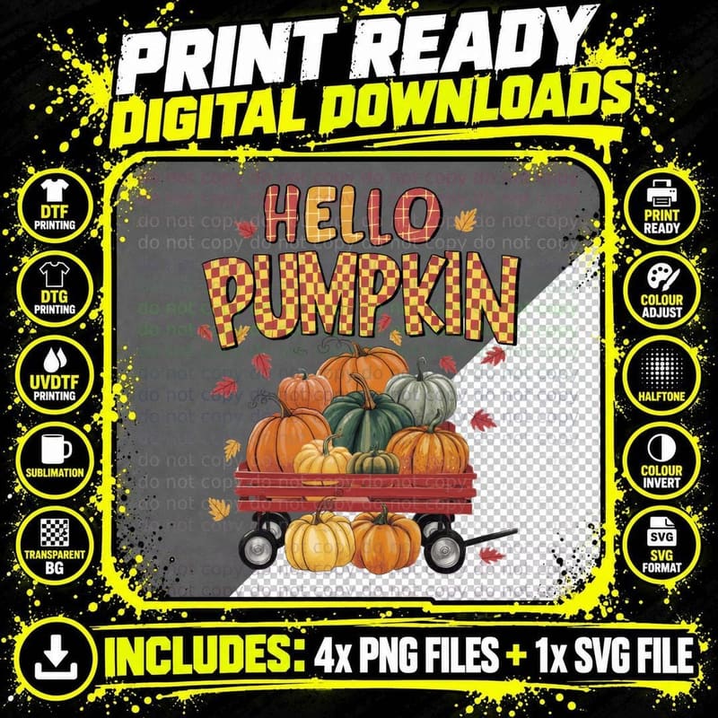 Hello Pumpkin Fall T-Shirt, Checkered Pumpkin Wagon Png SVG Digital Bundle