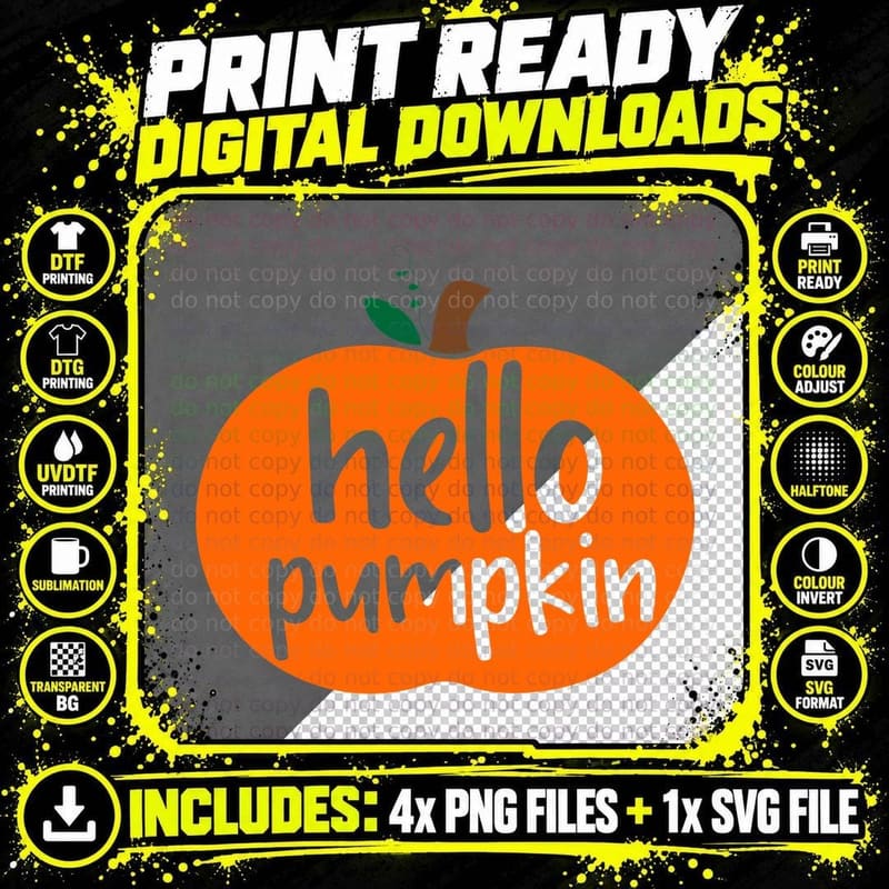 Hello Pumpkin Fall T-Shirt, Orange Pumpkin Greeting Text Png SVG Digital Bundle