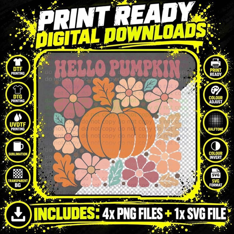 Hello Pumpkin Fall T-Shirt, Pink Flowers Pumpkin Center Png SVG Digital Bundle
