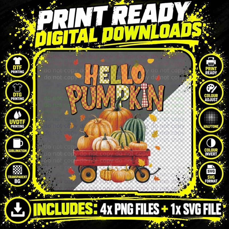 Hello Pumpkin Fall T-Shirt, Pumpkins Plaid Leaves Wagon Png SVG Digital Bundle