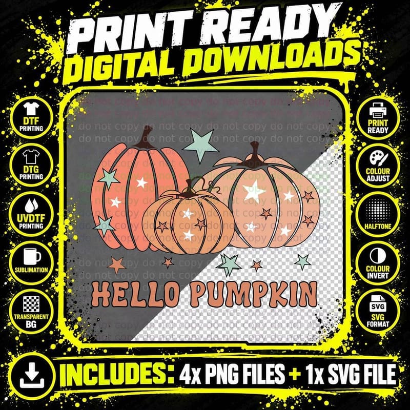 Hello Pumpkin Fall T-Shirt, Three Colorful Pumpkins with Png SVG Digital Bundle