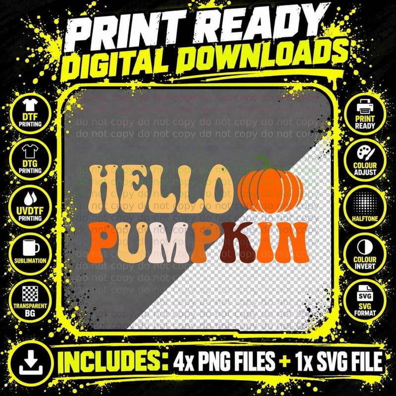 Hello Pumpkin Fall T-Shirt, Yellow Text Hello Pumpkin Png SVG Digital Bundle