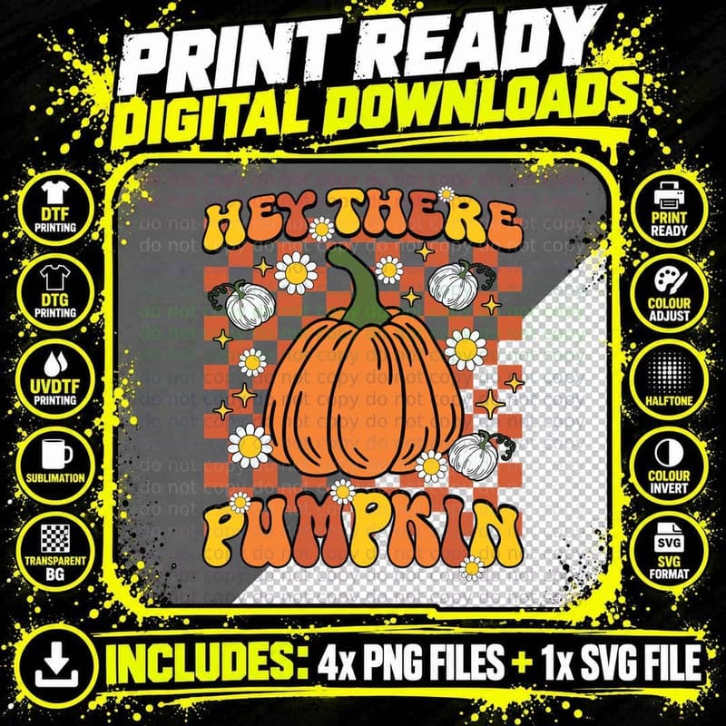 Hex There Pumpkin Fall T-Shirt, Checkered Pumpkin Witchy Png SVG Digital Bundle