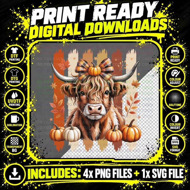 Highland Cattle with Pumpkin Bow Fall T-Shirt Png SVG Digital Bundle
