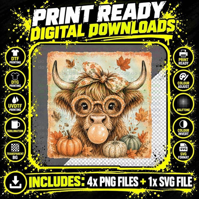 Highland Cow Glasses Pumpkins Fall T-Shirt Png SVG Digital Bundle
