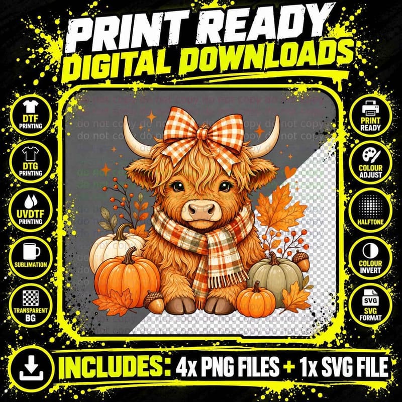 Highland Cow Plaid Bow Pumpkins Fall T-Shirt Png SVG Digital Bundle