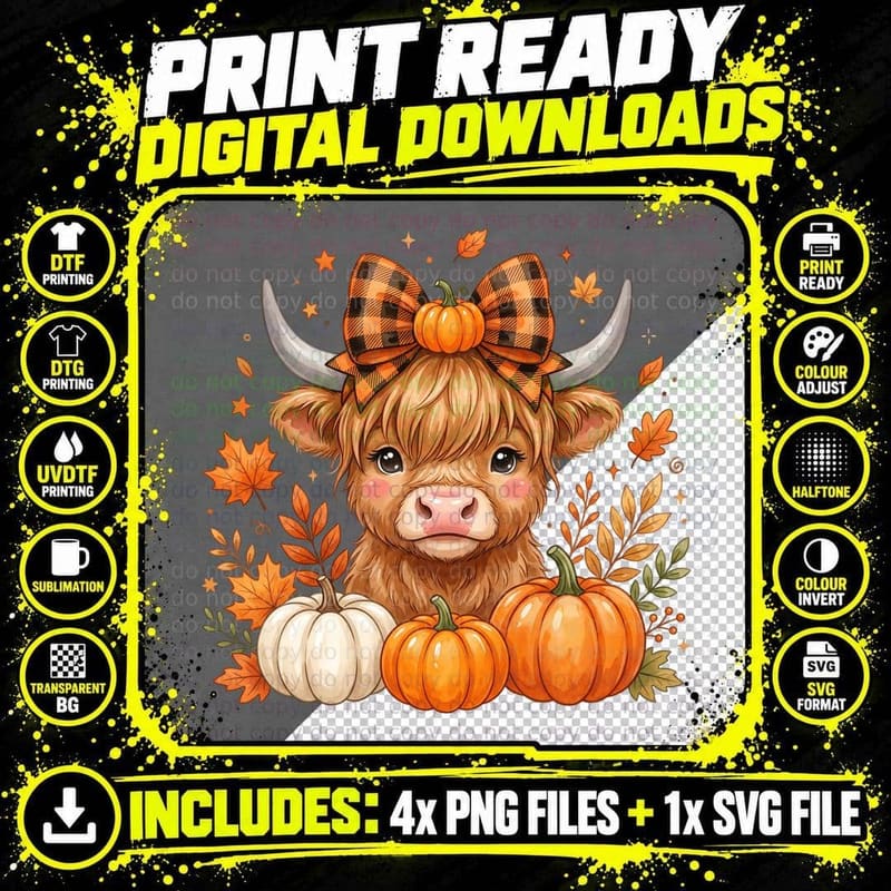 Highland Cow Pumpkin Autumn Fall T-Shirt Png SVG Digital Bundle