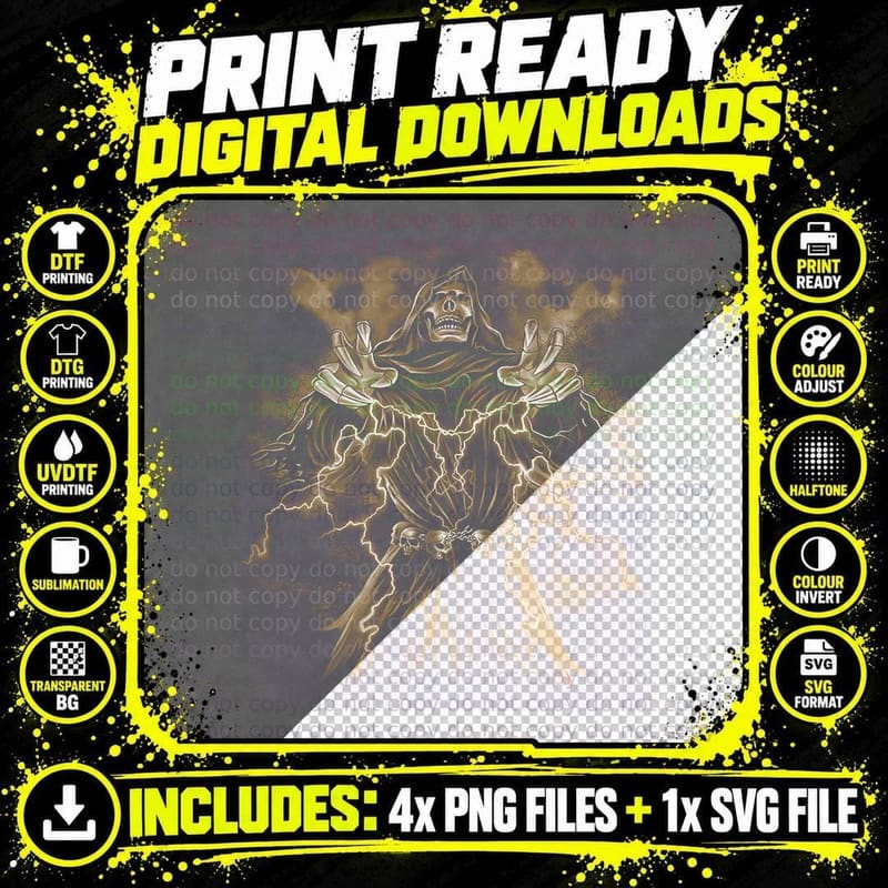 Hooded Skeleton Reaper Arms Raised Gold Lightning Bolts Png SVG Digital Bundle