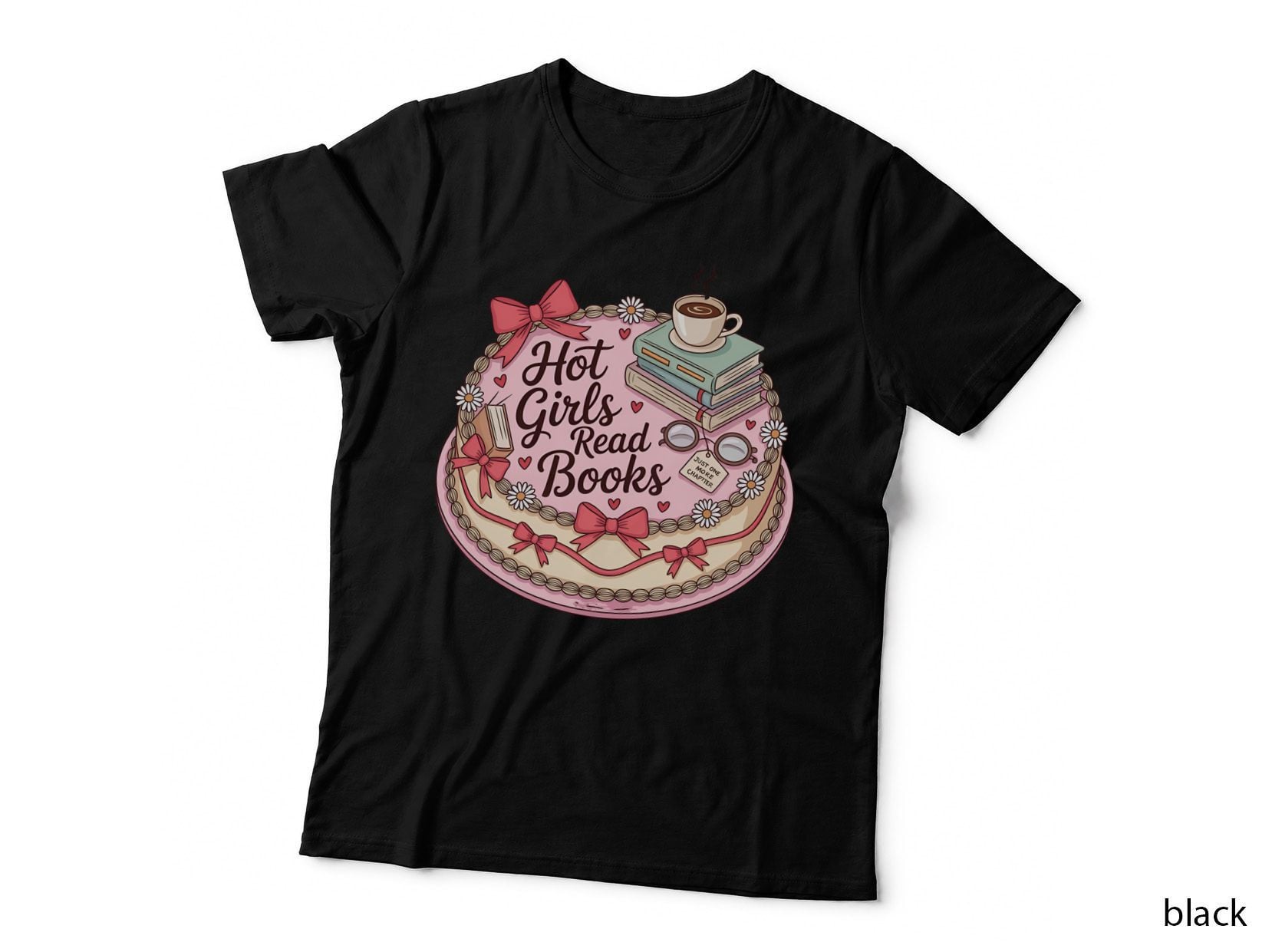 Hot Girls Read Books Fall T-Shirt, Pink Cake Books Coffee Theme Autumn Tee