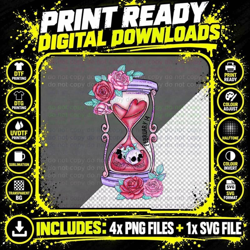 Hourglass Skull February Time Memento Mori Roses T-Shirt Png SVG Digital Bundle