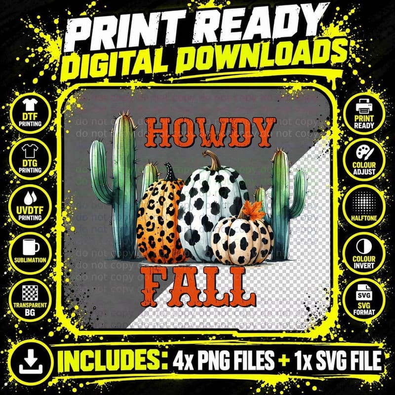 Howdy Fall T-Shirt, Cacti Surrounded by Patterned Png SVG Digital Bundle