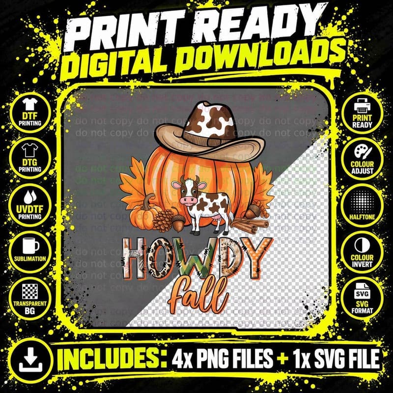 Howdy Fall T-Shirt, Cow Pumpkin Cowboy Hat Western Png SVG Digital Bundle