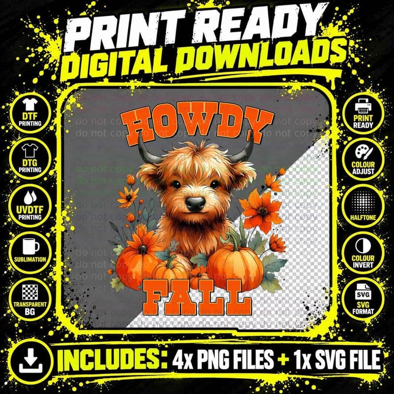 Howdy Fall T-Shirt, Highland Cow with Pumpkins Flowers Png SVG Digital Bundle