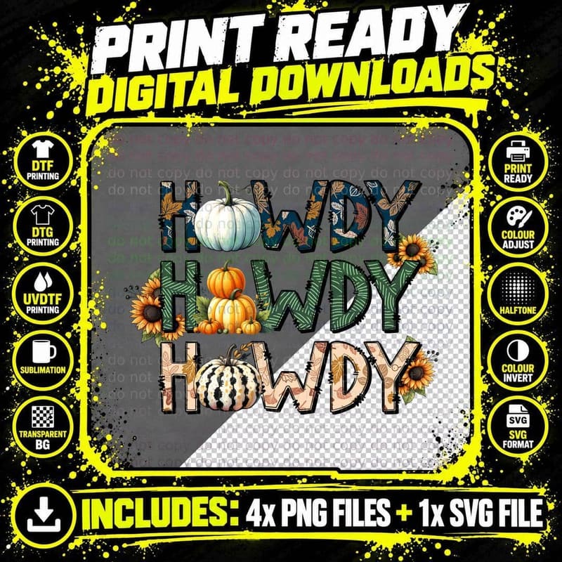 Howdy Fall T-Shirt, Patterned Pumpkins with Cowboy Hat Png SVG Digital Bundle