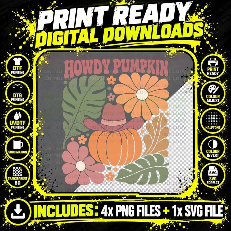 Howdy Pumpkin Fall T-Shirt, Cowboy Pumpkin with Flowers Png SVG Digital Bundle