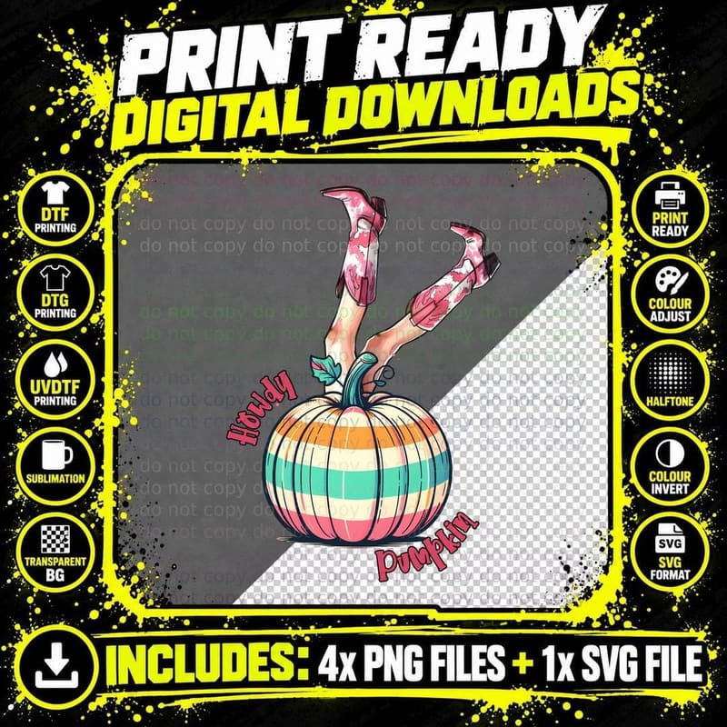 Howdy Pumpkin Fall T-Shirt, Legs Over Patterned Pumpkin Png SVG Digital Bundle