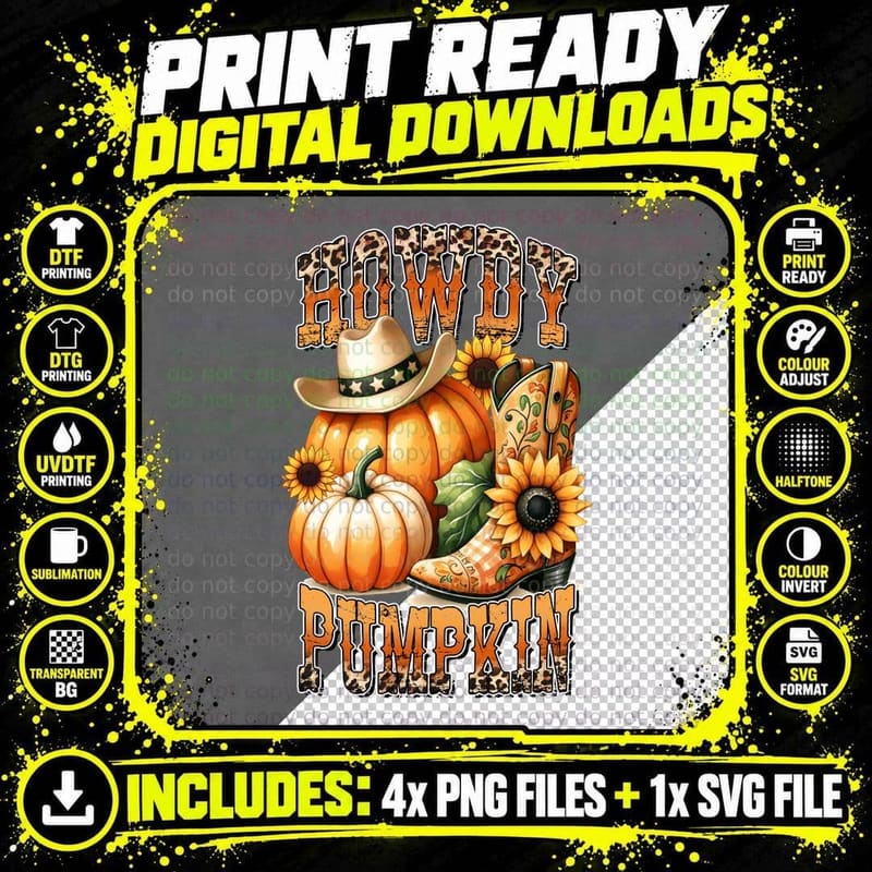 Howdy Pumpkin Fall T-Shirt, Leopard Text Cowboy Boot Png SVG Digital Bundle