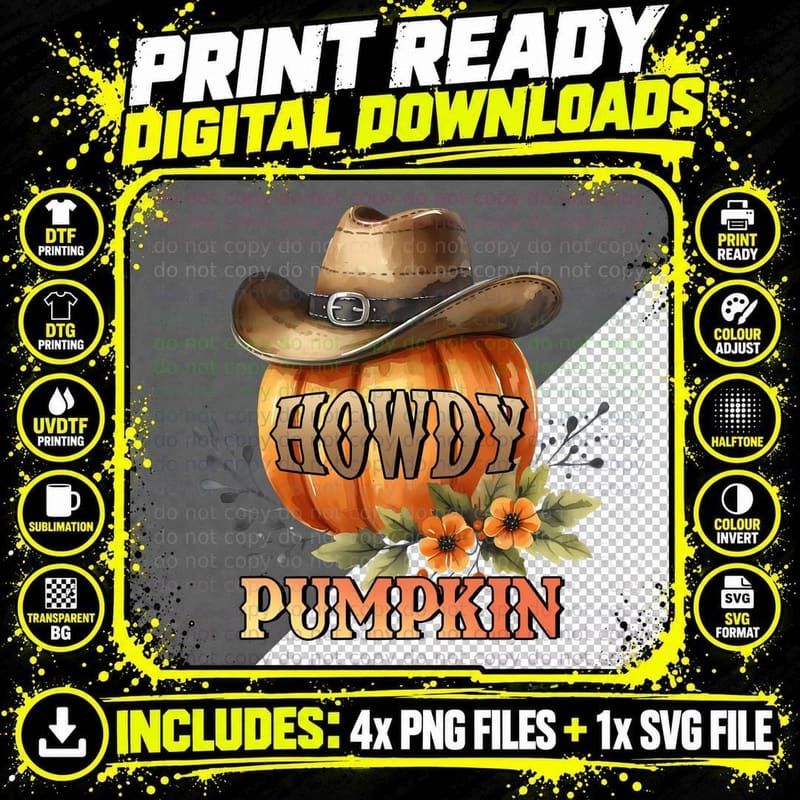 Howdy Pumpkin Fall T-Shirt, Pumpkin Cowboy with Hat Png SVG Digital Bundle
