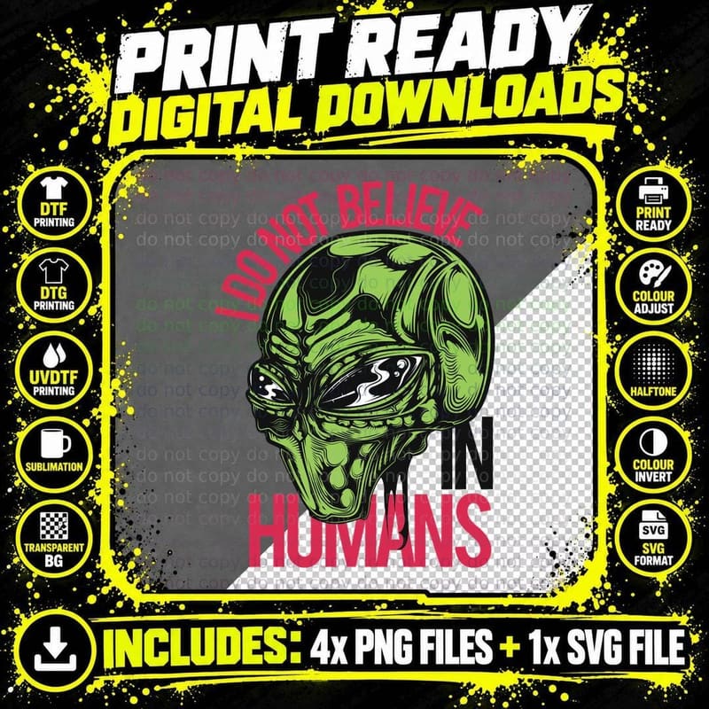 I Do Not Believe in Humans Zombie Head Green Horror Png SVG Digital Bundle