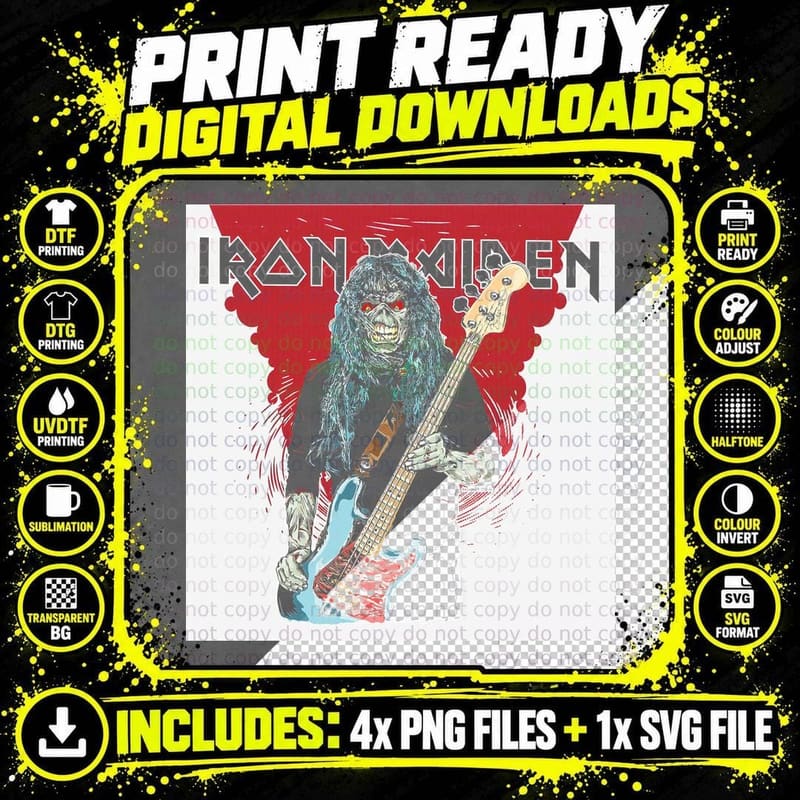 Iron Maiden Zombie Skeleton Guitarist Halftone T-Shirt Png SVG Digital Bundle