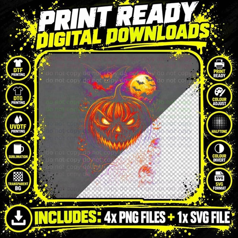 Jack O Lantern Night T-Shirt, Halftone Horror Pumpkin Png SVG Digital Bundle