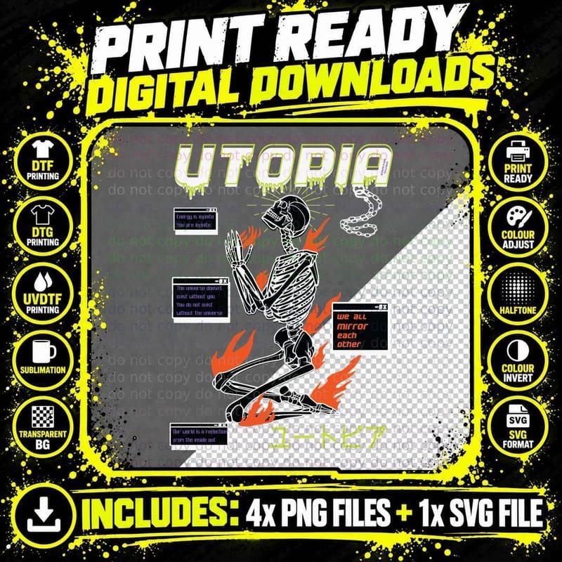 Jtopia Skeleton Glitch Art Orange Fire Distressed T-Shirt Png SVG Digital Bundle