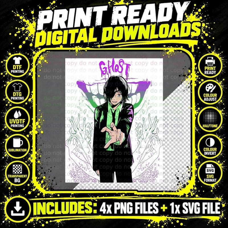 Jujutsu Kaisen Ghost Magenta Green Text Spirit Character Png SVG Digital Bundle