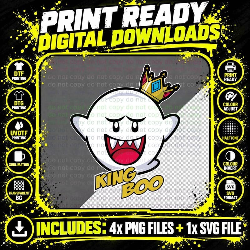 King Boo White Ghost Character Gold Crown Fangs Red Png SVG Digital Bundle