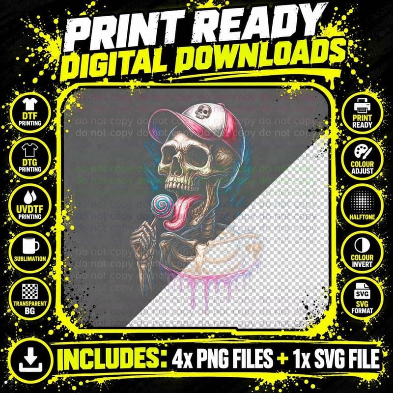 Lollipop Candy Drip Skull T-Shirt, Halftone Gothic Skull Png SVG Digital Bundle