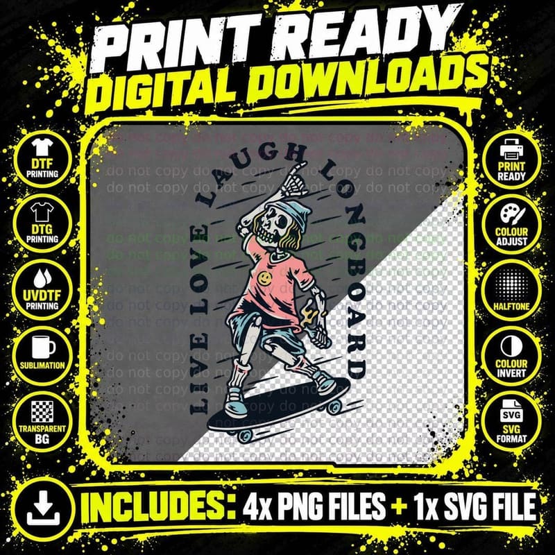 Longboard Skeleton Live Love Skateboard Pink Shirt Png SVG Digital Bundle