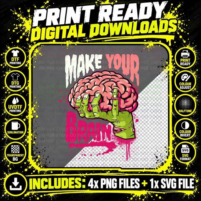 Make Your Brain Zombie Hand with Pink Graffiti Drip Png SVG Digital Bundle