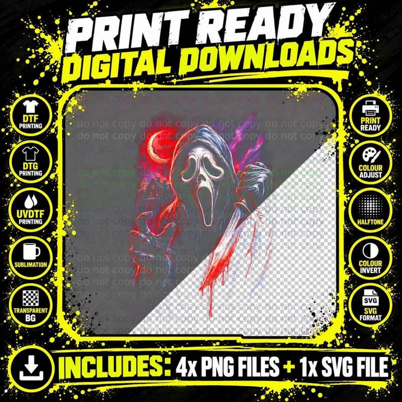 Masked Killer Ghost T-Shirt, Halftone Horror Slasher Png SVG Digital Bundle