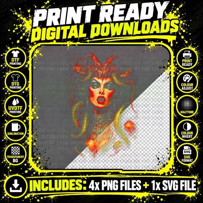 Medusa Serpent Witch T-Shirt, Halftone Horror Snake Png SVG Digital Bundle