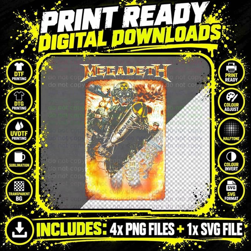 Megadeth Orange Yellow Fiery Skeleton Warrior Weapons Png SVG Digital Bundle