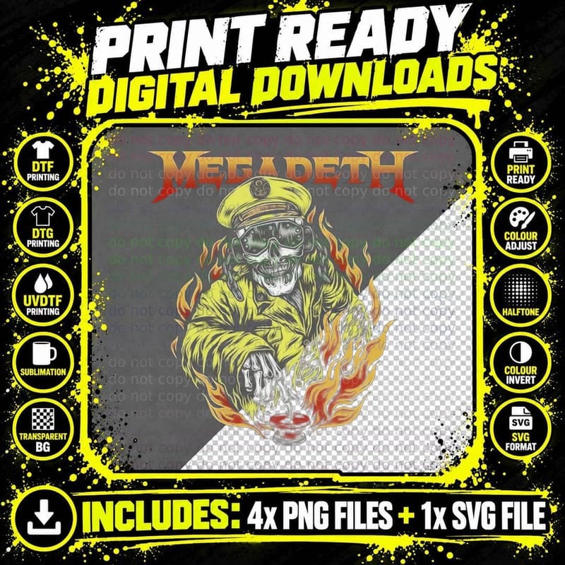 Megadeth Skeleton Sailor Captain in Flames Holding Png SVG Digital Bundle